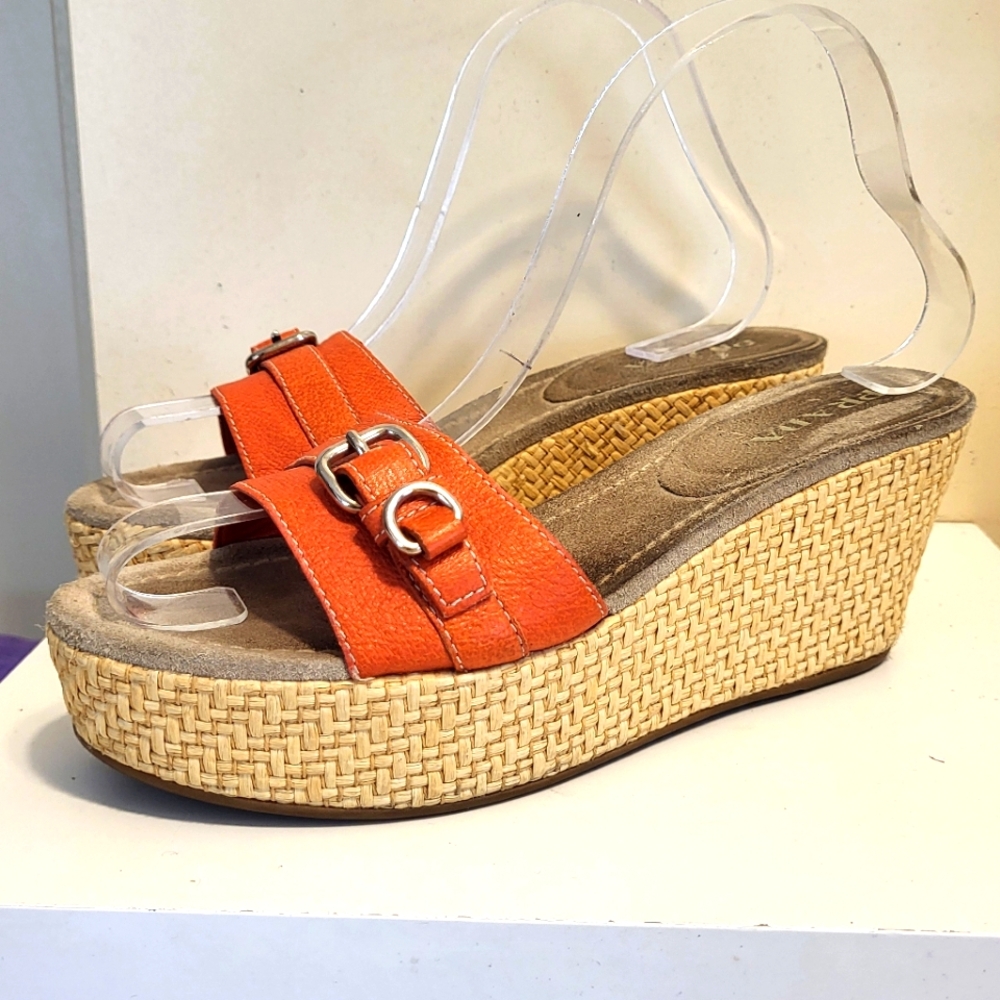 Prada Pebbled Orange Leather Raffia Platform Sole Slide Sandals Sz.7/37.5 $675